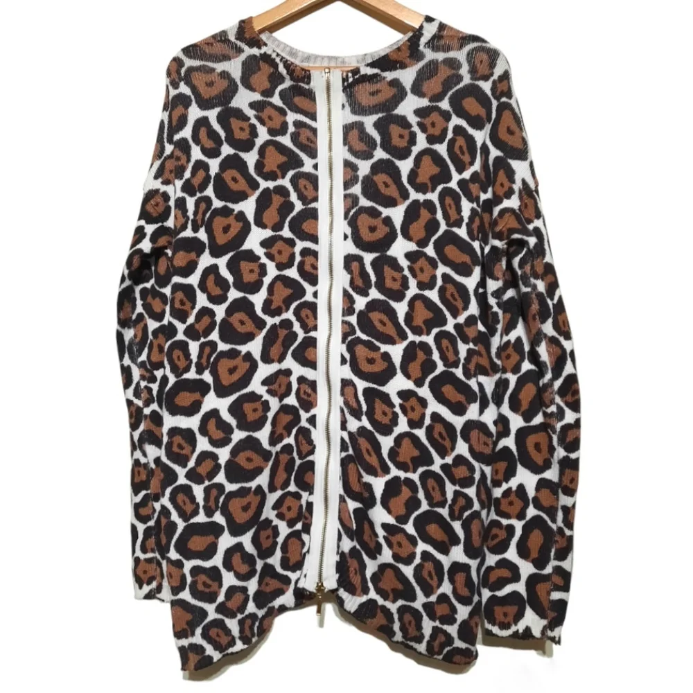 SMYMuMu Back Zip Crewneck Sweater Cotton Cheetah Oversize M 8 10 - Picture 5 of 10